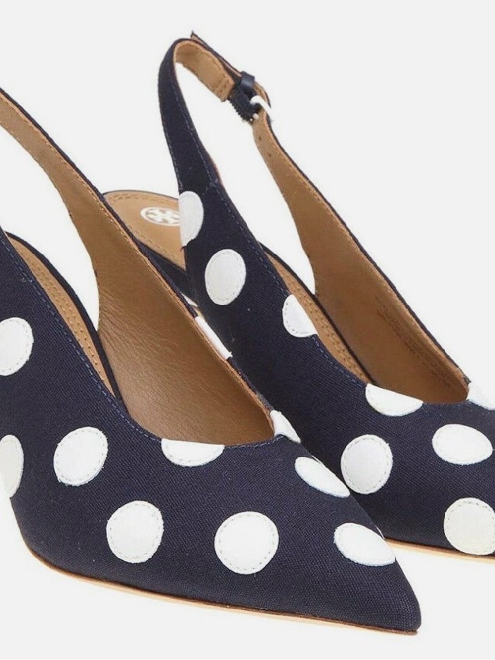 Tory Burch Navy and White Polka Dot Slingback Pointed Pumps